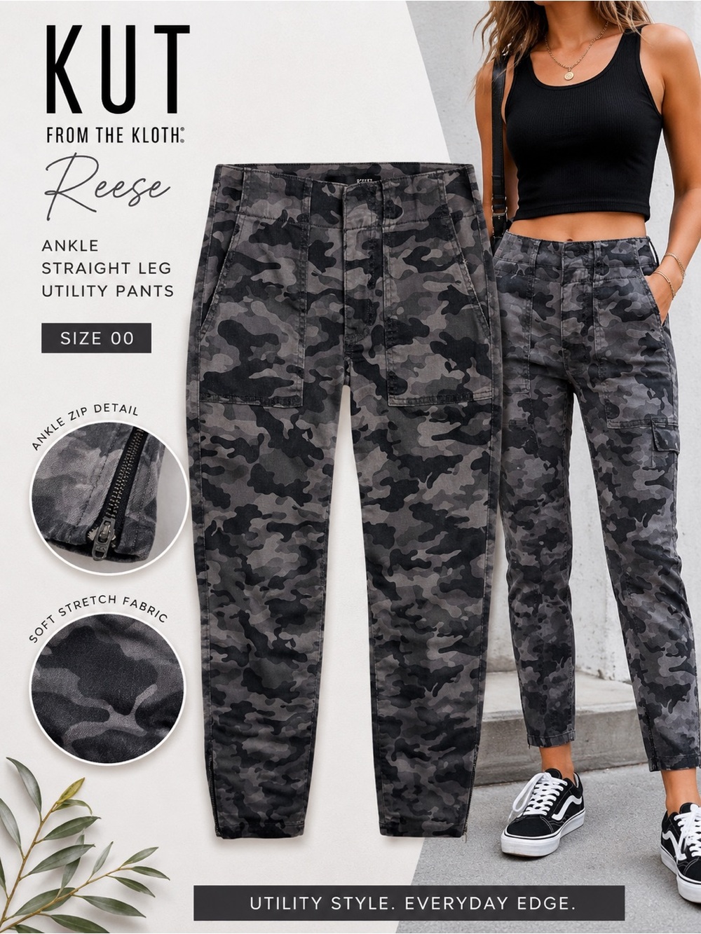KUT From The Kloth Reese Camo Ankle Straight Leg Utility Pants Size 00
